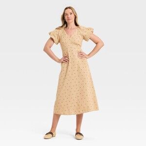NWT Women's Puff Short Sleeve Midi Sundress - Universal Thread™ Tan Floral XS